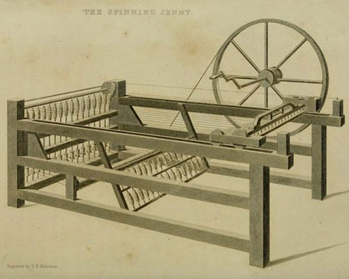 Прялка «Дженни» Джеймса Харгривса. Иллюстрация из «History of the Cotton Manufacture in Great Britain» Эдварда Бэнса, 1835 / Wikimedia Commons